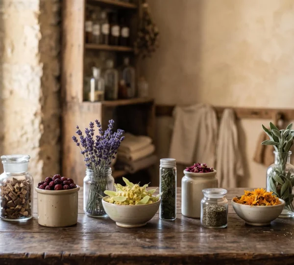 Composition éditoriale de plantes médicinales françaises séchées disposées avec soin, évoquant un usage thérapeutique sûr et traditionnel