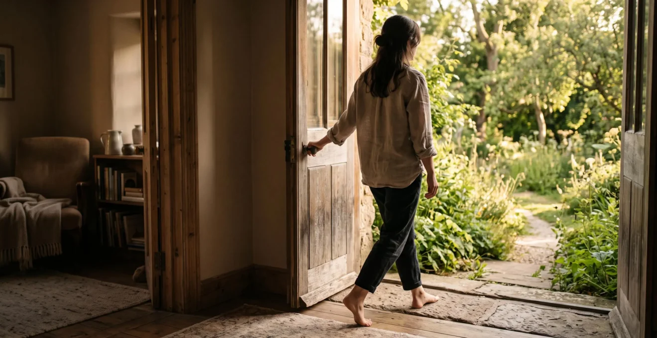 Une personne se tient sur le seuil d'une porte, entre un intérieur cocooning et un extérieur lumineux, symbolisant le chemin vers l'équilibre retrouvé