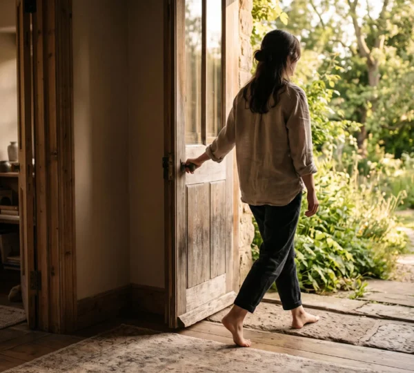 Une personne se tient sur le seuil d'une porte, entre un intérieur cocooning et un extérieur lumineux, symbolisant le chemin vers l'équilibre retrouvé