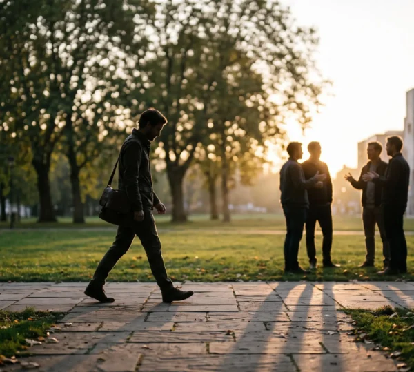 Silhouette d'une personne s'avançant vers un petit groupe de silhouettes dans une lumière chaleureuse, symbolisant la reconstruction progressive d'un lien social