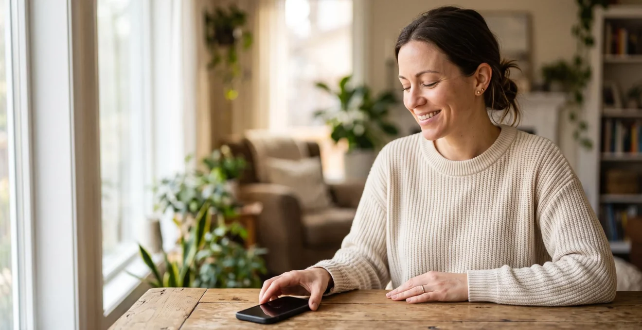 Personne posant son smartphone pour profiter d'un moment de calme en lumière naturelle, symbolisant la réduction du temps d'écran