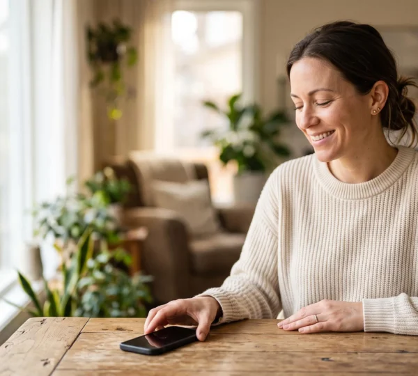 Personne posant son smartphone pour profiter d'un moment de calme en lumière naturelle, symbolisant la réduction du temps d'écran