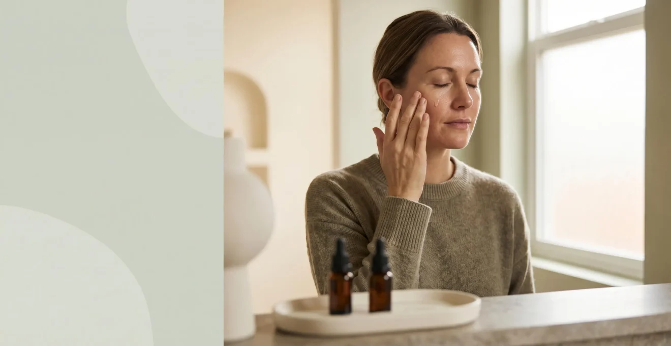 Portrait doux d'une personne appliquant un soin du visage dans une salle de bain lumineuse et epuree, symbolisant une routine simple et equilibree