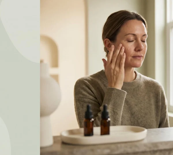 Portrait doux d'une personne appliquant un soin du visage dans une salle de bain lumineuse et epuree, symbolisant une routine simple et equilibree
