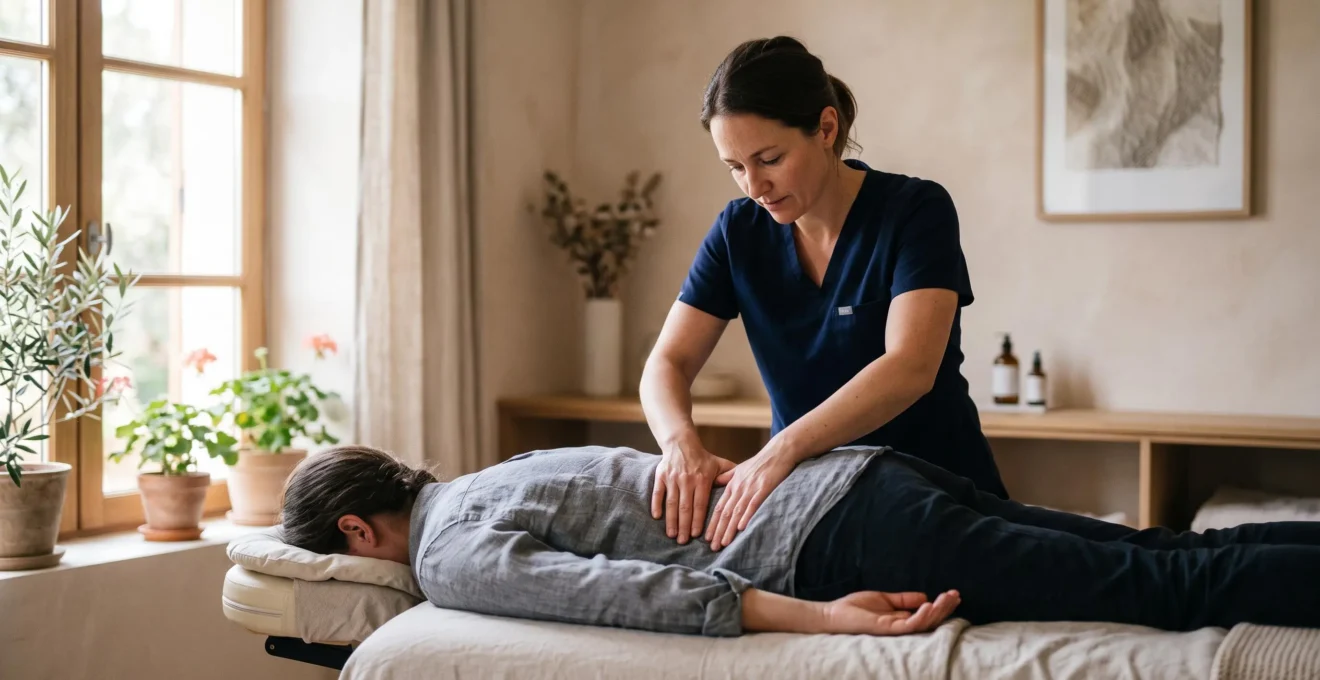 Patient allonge recevant un massage therapeutique cible du bas du dos par un praticien de sante dans un cabinet lumineux
