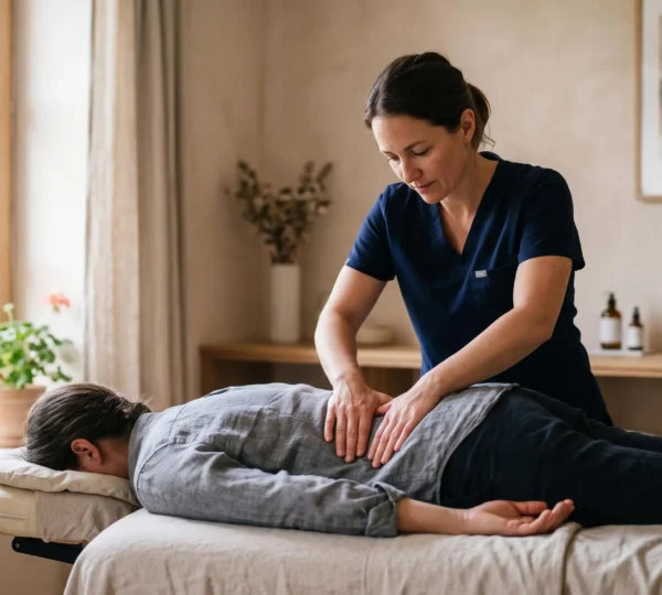Patient allonge recevant un massage therapeutique cible du bas du dos par un praticien de sante dans un cabinet lumineux