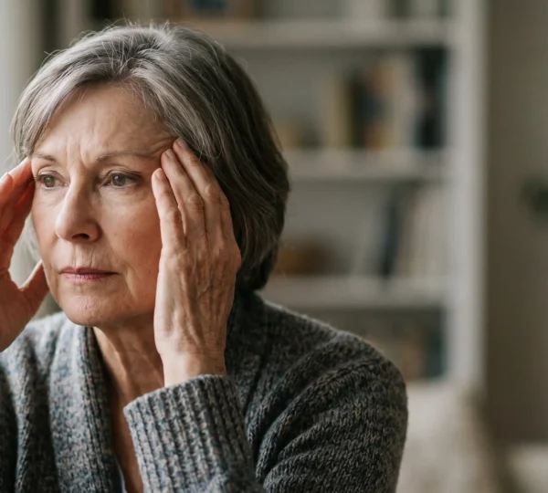 Personne senior réfléchissant avec expression contemplative illustrant les préoccupations liées à la mémoire