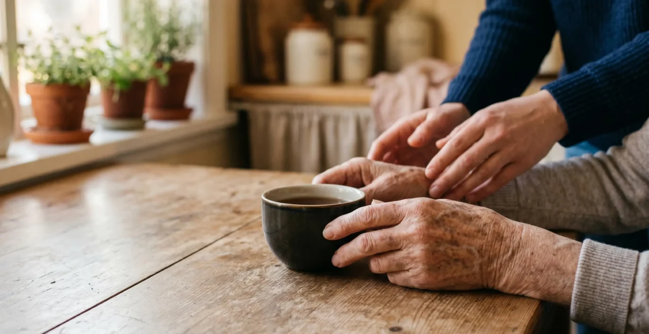 Scène contemplative illustrant les premiers signes de la maladie d'Alzheimer chez une personne âgée