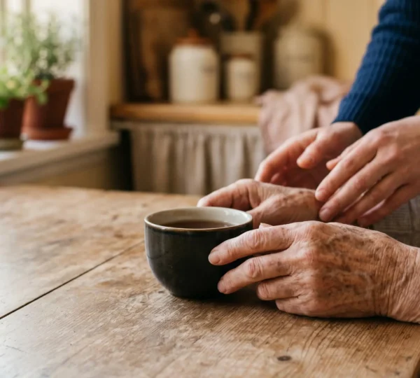 Scène contemplative illustrant les premiers signes de la maladie d'Alzheimer chez une personne âgée