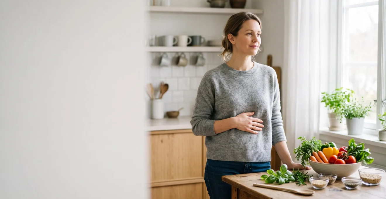 Personne ressentant un soulagement digestif après avoir modifie ses habitudes alimentaires, lumiere naturelle chaleureuse