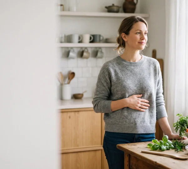 Personne ressentant un soulagement digestif après avoir modifie ses habitudes alimentaires, lumiere naturelle chaleureuse