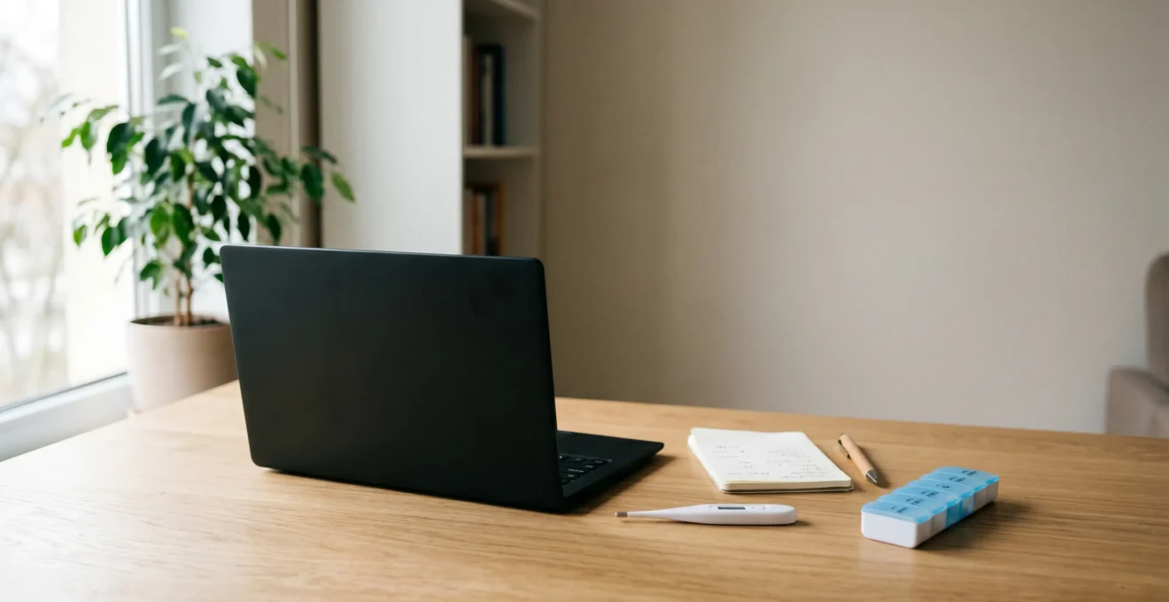 Préparation pour une téléconsultation médicale avec documents médicaux et connexion numérique