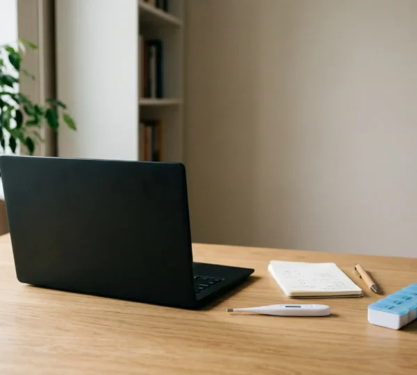 Préparation pour une téléconsultation médicale avec documents médicaux et connexion numérique