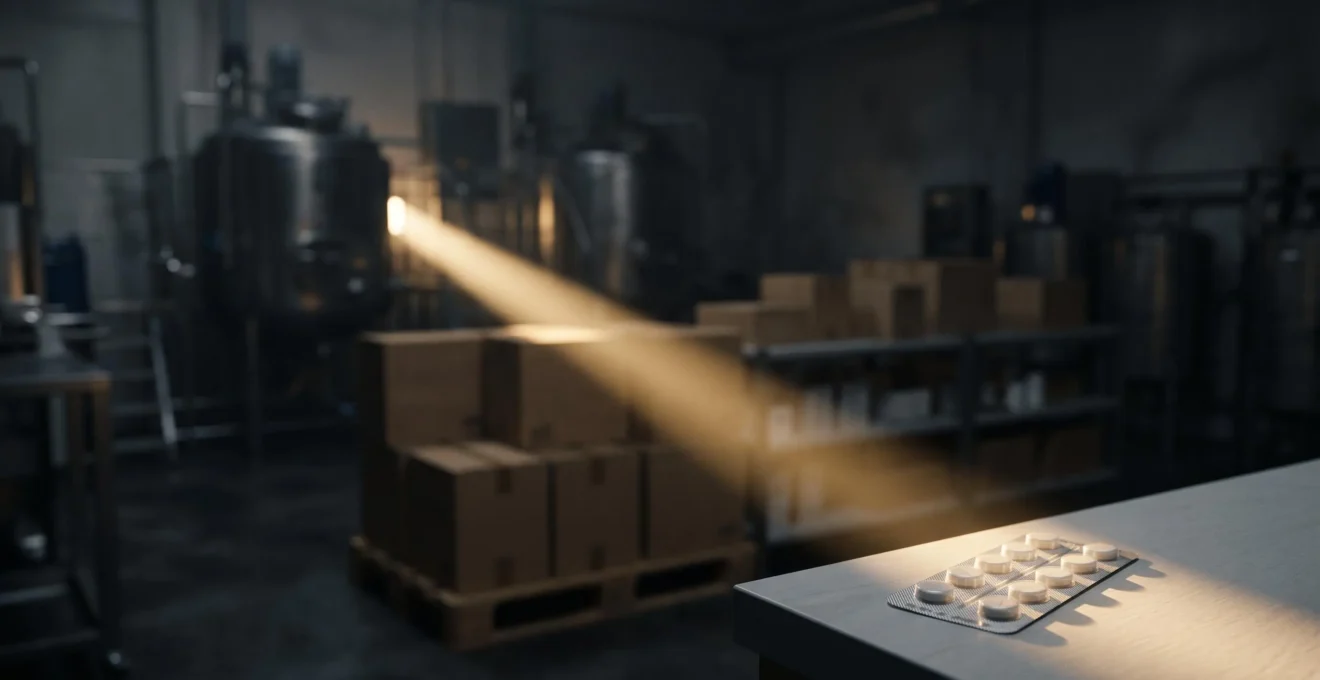 Représentation symbolique du parcours d'un médicament, de sa fabrication en laboratoire jusqu'à sa délivrance en pharmacie, illustrant la chaîne de traçabilité.
