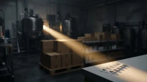Représentation symbolique du parcours d'un médicament, de sa fabrication en laboratoire jusqu'à sa délivrance en pharmacie, illustrant la chaîne de traçabilité.