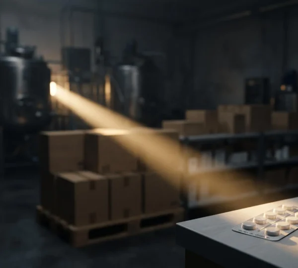Représentation symbolique du parcours d'un médicament, de sa fabrication en laboratoire jusqu'à sa délivrance en pharmacie, illustrant la chaîne de traçabilité.