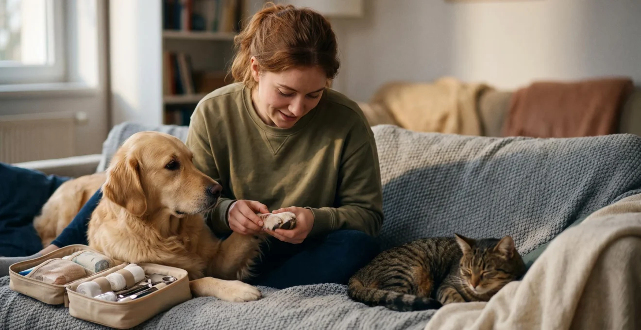 Propriétaire attentionné préparant les premiers soins pour son chien et son chat à l'aide d'une trousse vétérinaire de base