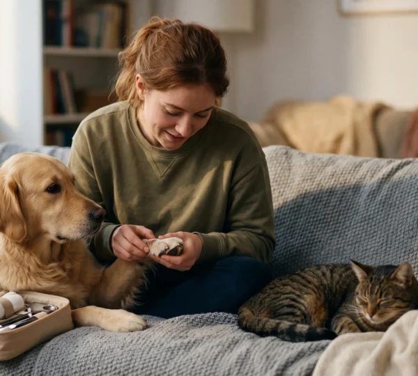 Propriétaire attentionné préparant les premiers soins pour son chien et son chat à l'aide d'une trousse vétérinaire de base