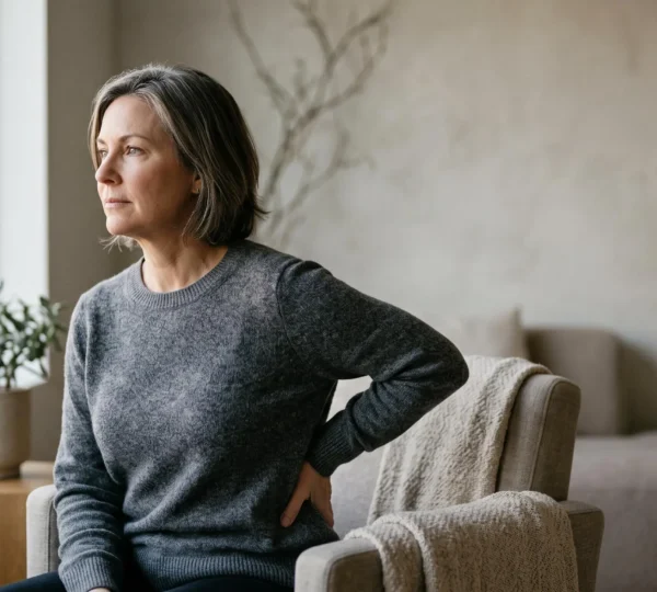 Une personne assise près d'une fenêtre, dans une posture de résilience tranquille, illustrant la vie avec une douleur chronique invisible malgré des examens médicaux normaux