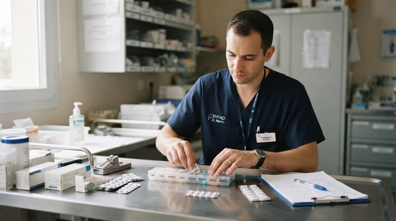 Infirmier préparant un pilulier hebdomadaire dans la salle de soins d'un EHPAD, avec des boîtes de médicaments sur le plan de travail