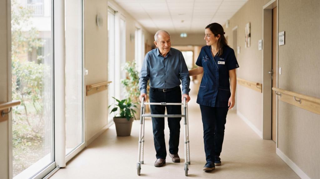 Aide-soignante accompagnant un résident âgé qui marche avec un déambulateur dans le couloir lumineux d'un EHPAD Aide-soignante accompagnant un résident âgé qui marche avec un déambulateur dans le couloir lumineux d'un EHPAD