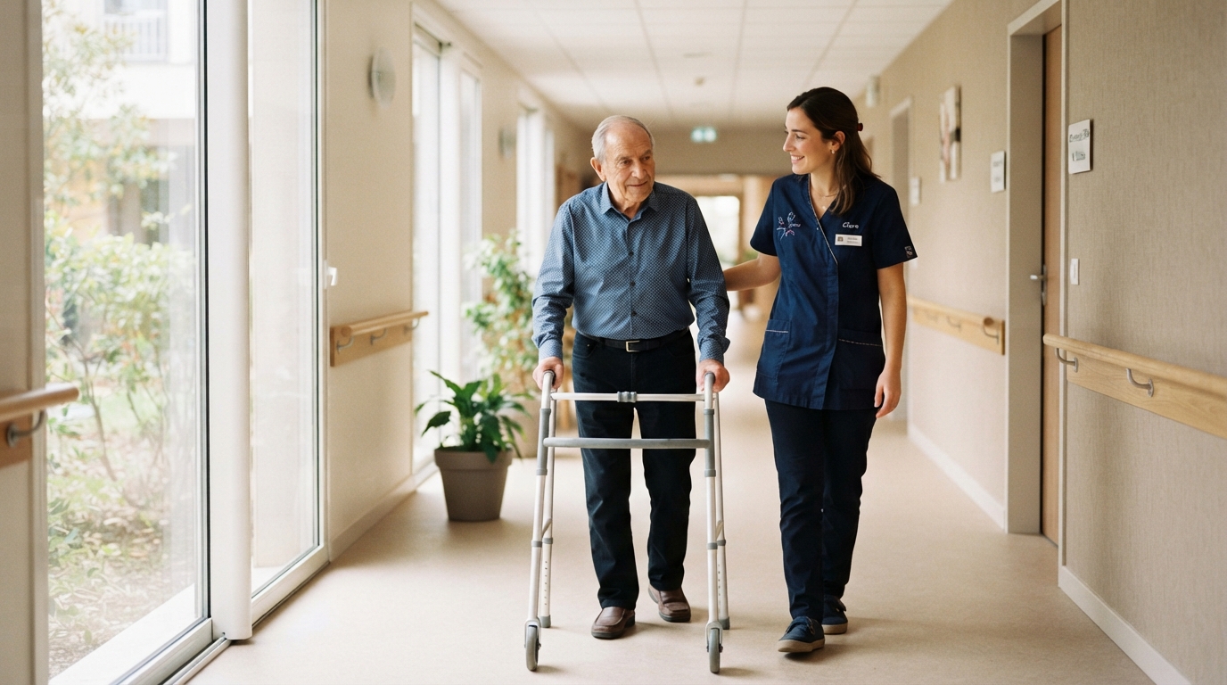 Aide-soignante accompagnant un résident âgé qui marche avec un déambulateur dans le couloir lumineux d'un EHPAD